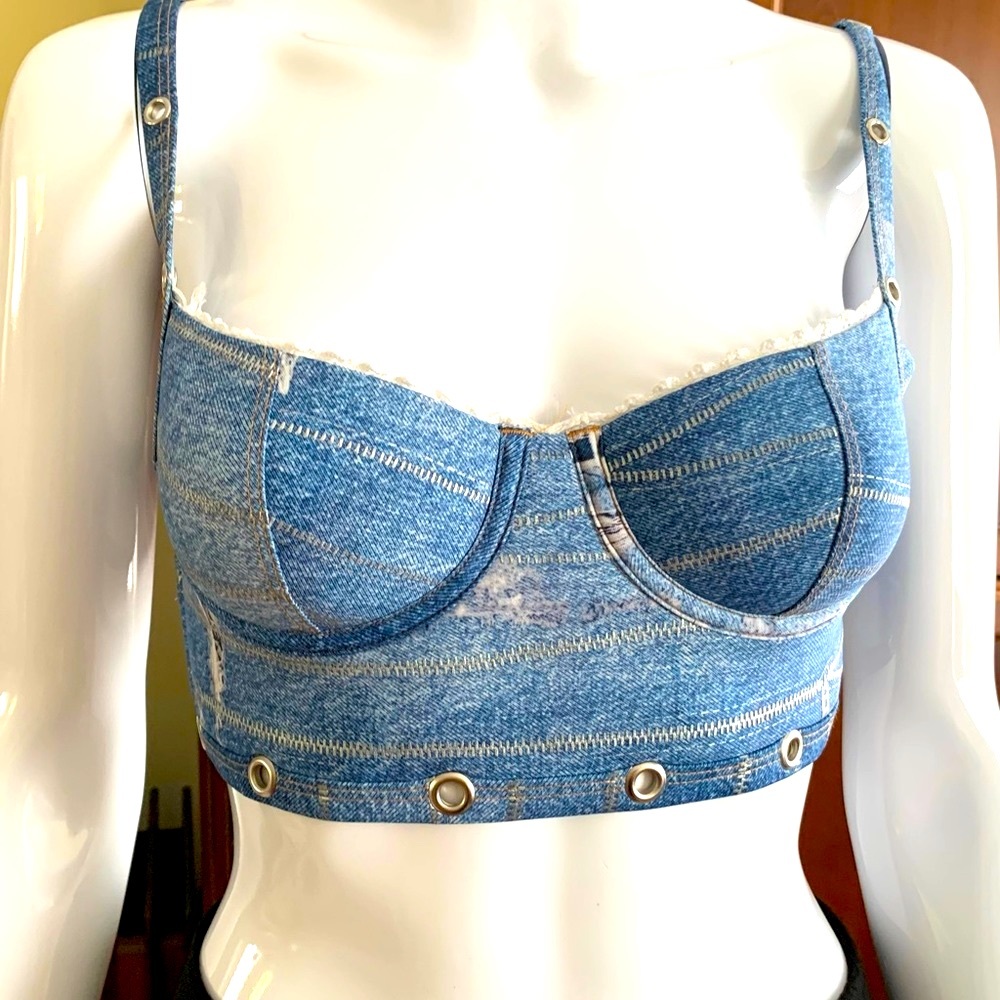 Beautiful bikini top braletta denim pattern multiple back straps metal eyelets